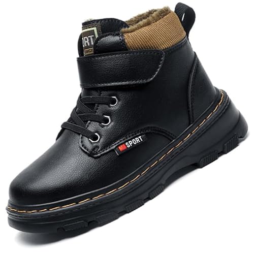 Mooyii Kinder Leder Winterschuhe Jungen Winterstiefel Trekking Wanderstiefel mit Klettverschluss und rutschfest Sohle,Wasserdicht Leder Oberfläche Baumwollschuhe von Mooyii