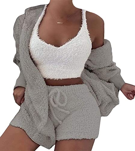 Frauen Fluffy Crop Top Teddy Coat Shorts Sets 3Pcs / Set Loungewear Damen Mädchen Dreiteilig Ensembles de Pyjama Warm Coral Fleece Samt Nachtwäsche Kapuzenpullover Jacke Crop Tank Top und Shorts von Mooyii