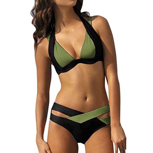 Mophghdj Damen Push Up Bikini Set- Bauchweg Neckholder Triangel Oberteil Bikinihose Bikini Damen GroßE BrüSte Plus Size Tankini Mit Oberteile Und Badeshorts Hohe Taille Bikinis, 75-grüne Armee, M von Mophghdj