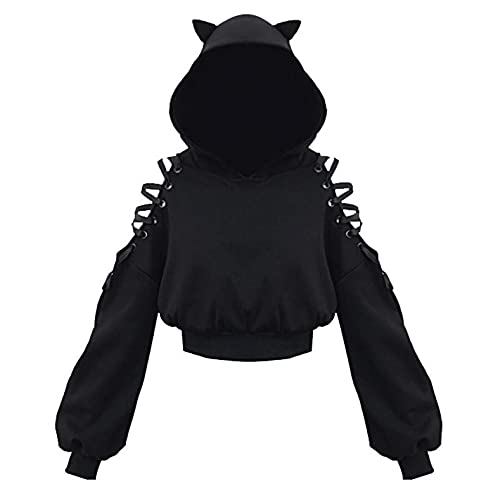 Mophghdj Gothic Kleidung Damen Cat Ears Black Hoodie Langarm Kapuzenpullover Sweatshirt Hollow Out Gothic Tops Bluse Pullover Damen Sexy Klamotten Teenager MäDchen Best Friends Pullover, S von Mophghdj