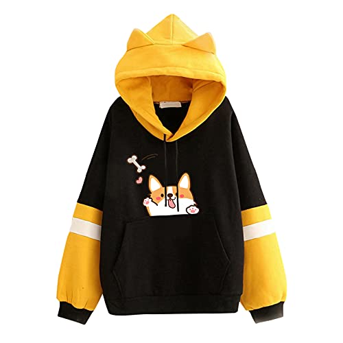 Katzenohren Hoodie Pullover MäDchen Süß Kawaii Cute Katzen Langarm Kapuzenpullover, Herbst Winter PlüSch Fleece Einfarbig Pulli Flauschig Warm Kapuzenpulli, L, 04-Schwarzgrau von Mophghdj