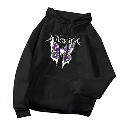 Mophghdj Frauen Casual Einfarbig Hoodie Jacke Langarm Loose Fit Y2K E-Girl ÜBergroßE Engel Schmetterling Gedruckt Sweatshirt Streetwear Kapuzenmantel Fashion Teenager MäDchen Kleidung,*29-schwarz,3XL von Mophghdj