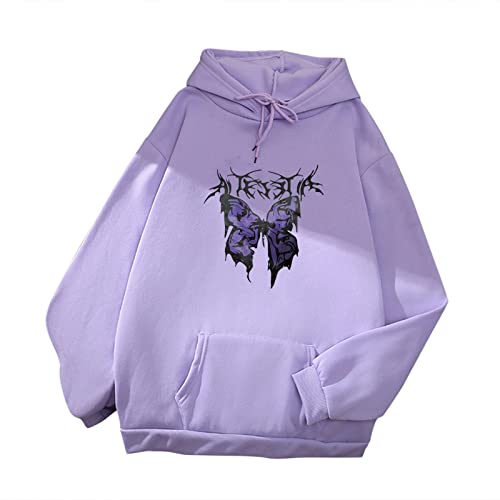 Mophghdj Frauen Casual Einfarbig Hoodie Jacke Langarm Loose Fit Y2K E-Girl ÜBergroßE Engel Schmetterling Gedruckt Sweatshirt Streetwear Kapuzenmantel Fashion Teenager MäDchen Kleidung von Mophghdj