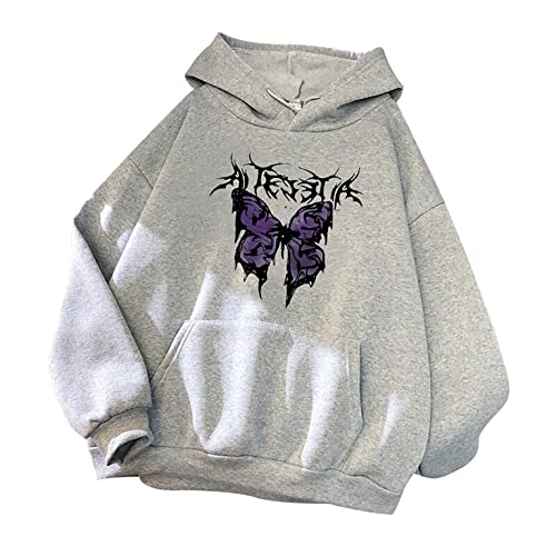 Mophghdj Frauen Casual Einfarbig Hoodie Jacke Langarm Loose Fit Y2K E-Girl ÜBergroßE Engel Schmetterling Gedruckt Sweatshirt Streetwear Kapuzenmantel Fashion Teenager MäDchen Kleidung von Mophghdj