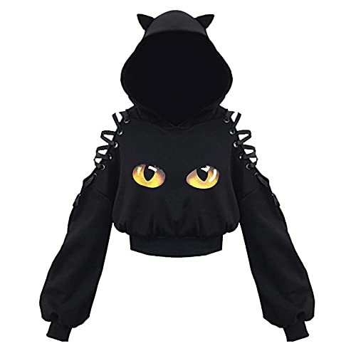 Mophghdj Gothic Kleidung Damen Cat Ears Black Hoodie Langarm Kapuzenpullover Sweatshirt Hollow Out Gothic Tops Bluse Pullover Damen Sexy Klamotten Teenager MäDchen Best Friends Pullover von Mophghdj