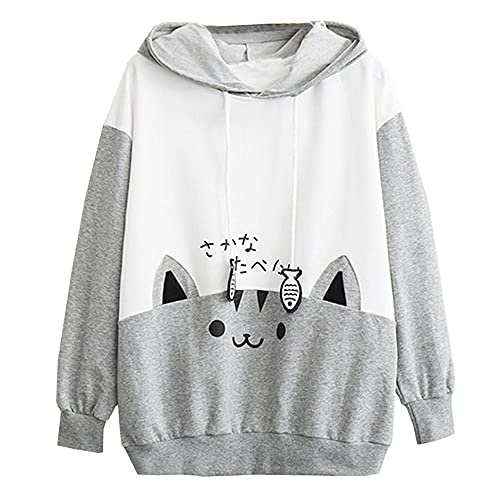 Mophghdj Katzenohren Hoodie Pullover MäDchen Süß Kawaii Cute Katzen Langarm Kapuzenpullover, Herbst Winter PlüSch Fleece Einfarbig Pulli Flauschig Warm Elegant Kapuzenpulli Kapuzenpullover, *04-grau von Mophghdj