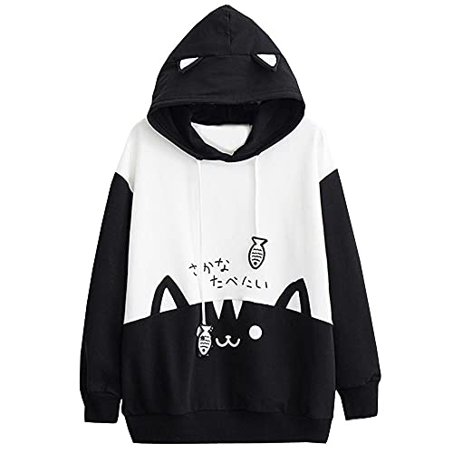 Mophghdj Katzenohren Hoodie Pullover MäDchen Süß Kawaii Cute Katzen Langarm Kapuzenpullover, Herbst Winter PlüSch Fleece Einfarbig Pulli Flauschig Warm Elegant Kapuzenpulli *04-schwarz, XL von Mophghdj