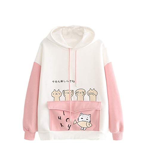 Mophghdj Katzenohren Hoodie Pullover MäDchen Süß Kawaii Cute Katzen Langarm Kapuzenpullover, Herbst Winter PlüSch Fleece Einfarbig Pulli Flauschig Warm Kapuzenpulli, L, 04-Schwarzgrau, A93-rosa von Mophghdj