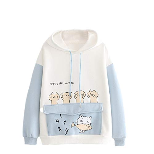 Mophghdj Katzenohren Hoodie Pullover MäDchen Süß Kawaii Cute Katzen Langarm Kapuzenpullover, Herbst Winter PlüSch Fleece Einfarbig Pulli Flauschig Warm Kapuzenpulli, L, A93-blau von Mophghdj