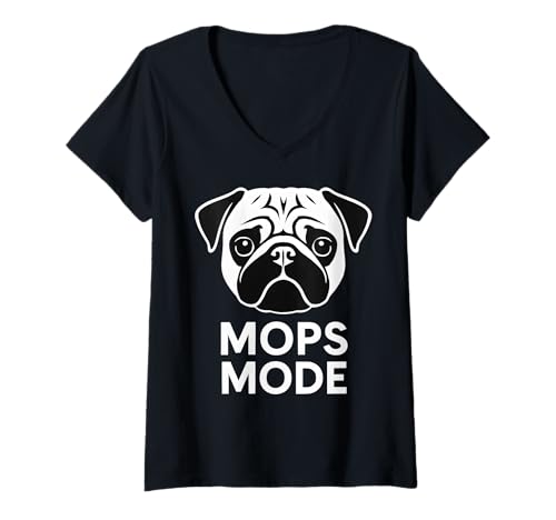 Damen Mops Design Hundekopf Mops Mode Minimal Modern T-Shirt mit V-Ausschnitt von Mops Design Hundeliebe Minimal Gassi Freizeit