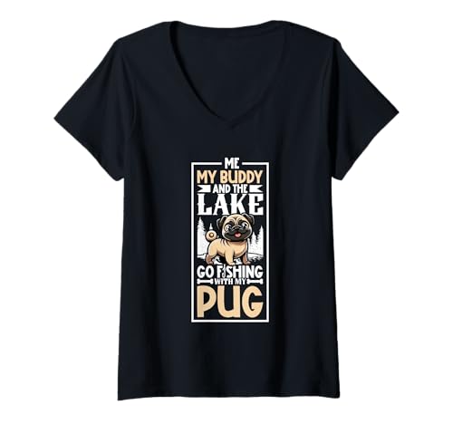 Damen Angeln und Mops T-Shirt mit V-Ausschnitt Damen Angeln und Mops T-Shirt mit V-Ausschnitt von Mops Designs