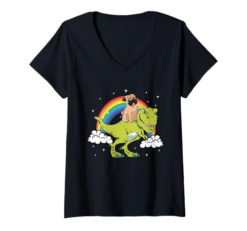 Damen Mops Hund Dinosaurier Tyrannosaurus T-Rex Regenbogen Wolken T-Shirt mit V-Ausschnitt Damen Mops Hund Dinosaurier Tyrannosaurus T-Rex Regenbogen Wolken T-Shirt mit V-Ausschnitt von Mops Dino Action