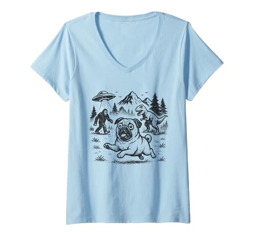 Damen Niedlicher Mops Flucht aus UFO Alien Bigfoot T-Shirt mit V-Ausschnitt Damen Niedlicher Mops Flucht aus UFO Alien Bigfoot T-Shirt mit V-Ausschnitt von Mops Dog Funny Tees by TheMaesthetics