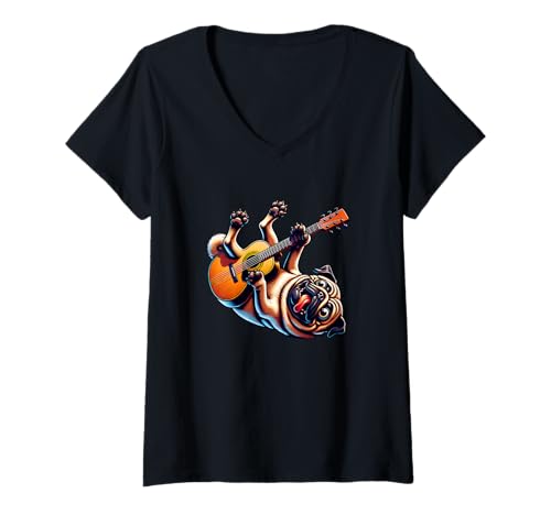 Damen Mops Mit Gitarre Hund Musik Akustikgitarre Rock T-Shirt mit V-Ausschnitt Damen Mops Mit Gitarre Hund Musik Akustikgitarre Rock T-Shirt mit V-Ausschnitt von Mops Gitarre Hund Musik Akustikgitarre Rock