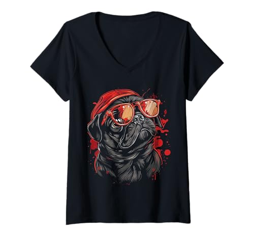 Damen Mops Graffiti Vektor T-Shirt mit V-Ausschnitt Damen Mops Graffiti Vektor T-Shirt mit V-Ausschnitt von Mops Graffiti Vektor Geschenk Kleidung