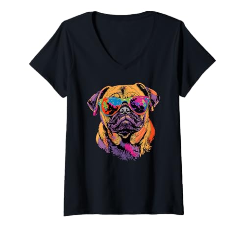 Damen Mops mit Sonnenbrille Beige Hunde Liebe Carlin Süßer Mops T-Shirt mit V-Ausschnitt von Mops Liebhaber Motiv für Frauchen & Herrchen