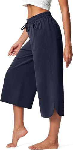 MorFansi Damen 3/4 Hose Caprihose Weite Bein Sommerhose Jogginghose Bequeme Palazzo Elegante Freizeithosen Lose Yoga Sweathose mit Taschen (Navy Blau,XXL) von MorFansi