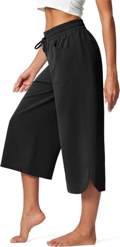 MorFansi Damen 3/4 Hose Caprihose Weite Bein Sommerhose Jogginghose Bequeme Palazzo Elegante Freizeithosen Lose Yoga Sweathose mit Taschen (Schwarz,XL) von MorFansi