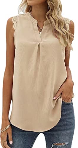 MorFansi Damen Ärmellose Bluse Elegant Spitzen Chiffon Tops Tunika Hemd V-Ausschnitt Sommer Casual Shirts Oberteile (Aprikose,XL) von MorFansi