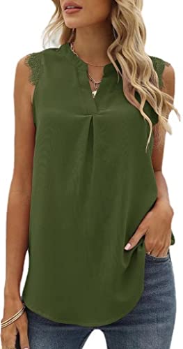 MorFansi Damen Ärmellose Bluse Elegant Spitzen Chiffon Tops Tunika Hemd V-Ausschnitt Sommer Casual Shirts Oberteile (Armeegrün,S) von MorFansi