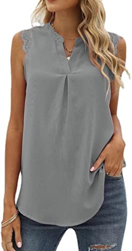 MorFansi Damen Ärmellose Bluse Elegant Spitzen Chiffon Tops Tunika Hemd V-Ausschnitt Sommer Casual Shirts Oberteile (Grau,S) von MorFansi
