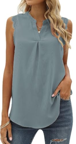 MorFansi Damen Ärmellose Bluse Elegant Spitzen Chiffon Tops Tunika Hemd V-Ausschnitt Sommer Casual Shirts Oberteile (Grau Blau,L) von MorFansi