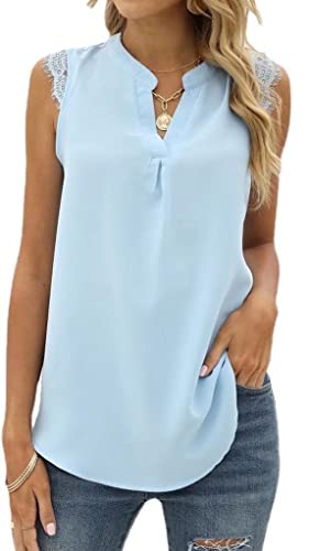 MorFansi Damen Ärmellose Bluse Elegant Spitzen Chiffon Tops Tunika Hemd V-Ausschnitt Sommer Casual Shirts Oberteile (Himmelblau,S) von MorFansi