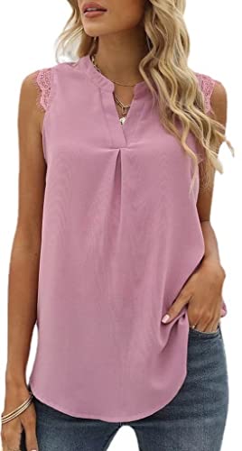 MorFansi Damen Ärmellose Bluse Elegant Spitzen Chiffon Tops Tunika Hemd V-Ausschnitt Sommer Casual Shirts Oberteile (Rosa,M) von MorFansi