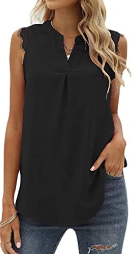 MorFansi Damen Ärmellose Bluse Elegant Spitzen Chiffon Tops Tunika Hemd V-Ausschnitt Sommer Casual Shirts Oberteile (Schwarz,M) von MorFansi