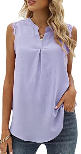 MorFansi Damen Ärmellose Bluse Elegant Spitzen Chiffon Tops Tunika Hemd V-Ausschnitt Sommer Casual Shirts Oberteile (Violett,M) von MorFansi