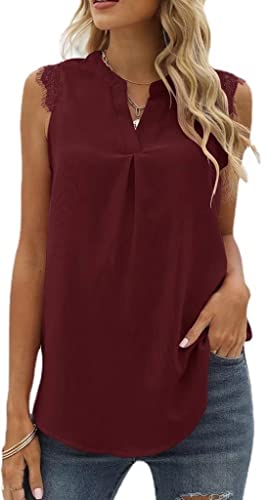 MorFansi Damen Ärmellose Bluse Elegant Spitzen Chiffon Tops Tunika Hemd V-Ausschnitt Sommer Casual Shirts Oberteile (Weinrot,L) von MorFansi