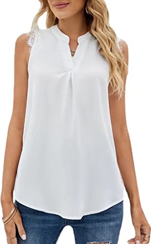 MorFansi Damen Ärmellose Bluse Elegant Spitzen Chiffon Tops Tunika Hemd V-Ausschnitt Sommer Casual Shirts Oberteile (Weiß,XL) von MorFansi