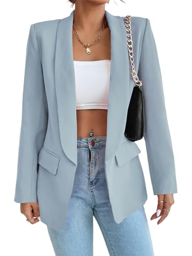 MorFansi Damen Blazer Revers Einfarbig Casual Cardigan Langarm Elegant Business Anzüge Jacke mit Tasche (Himmelblau,L) von MorFansi