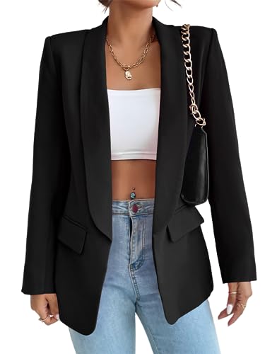 MorFansi Damen Blazer Revers Einfarbig Casual Cardigan Langarm Elegant Business Anzüge Jacke mit Tasche (Schwarz,L) von MorFansi