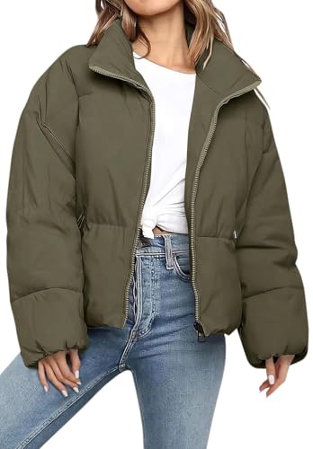 MorFansi Damen Daunenjacke Dicke Warm Kurz Steppjacke Winterjacke Reißverschluss Puffer Jacke Rollkragen Einfarbig Wintermantel Outdoor Daunenmantel (Armeegrün,S) von MorFansi