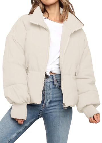 MorFansi Damen Daunenjacke Dicke Warm Kurz Steppjacke Winterjacke Reißverschluss Puffer Jacke Rollkragen Einfarbig Wintermantel Outdoor Daunenmantel (Beige,M) von MorFansi