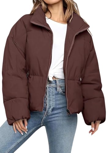 MorFansi Damen Daunenjacke Dicke Warm Kurz Steppjacke Winterjacke Reißverschluss Puffer Jacke Rollkragen Einfarbig Wintermantel Outdoor Daunenmantel (Kaffee,S) von MorFansi