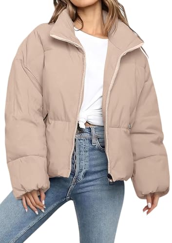 MorFansi Damen Daunenjacke Dicke Warm Kurz Steppjacke Winterjacke Reißverschluss Puffer Jacke Rollkragen Einfarbig Wintermantel Outdoor Daunenmantel (Khaki,L) von MorFansi