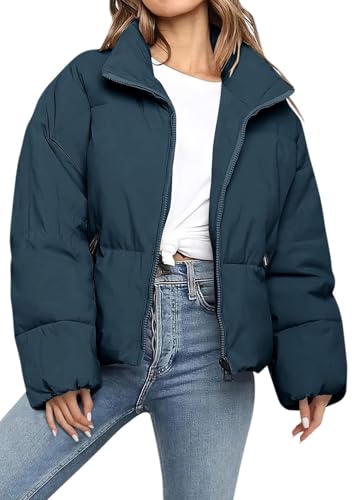 MorFansi Damen Daunenjacke Dicke Warm Kurz Steppjacke Winterjacke Reißverschluss Puffer Jacke Rollkragen Einfarbig Wintermantel Outdoor Daunenmantel (Pfauenblau,S) von MorFansi