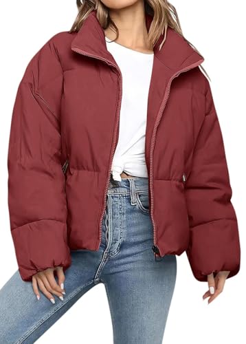MorFansi Damen Daunenjacke Dicke Warm Kurz Steppjacke Winterjacke Reißverschluss Puffer Jacke Rollkragen Einfarbig Wintermantel Outdoor Daunenmantel (Rot,M) von MorFansi