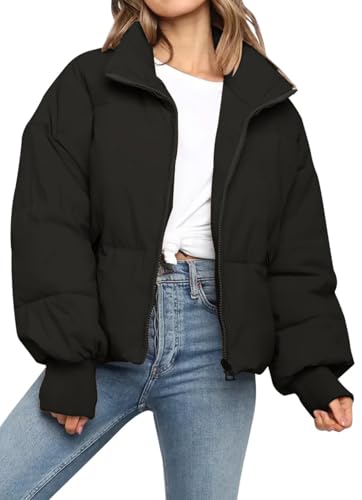 MorFansi Damen Daunenjacke Dicke Warm Kurz Steppjacke Winterjacke Reißverschluss Puffer Jacke Rollkragen Einfarbig Wintermantel Outdoor Daunenmantel (Schwarz,XL) von MorFansi