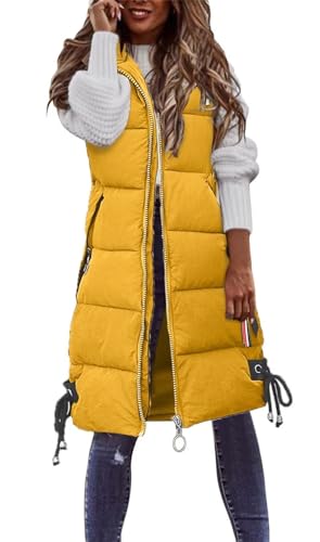 MorFansi Damen Daunenweste Ärmellose Lange Steppweste Winterjacke Mit Kapuze Leicht Outdoor Mantel Daunenmantel (Gelb,L) von MorFansi