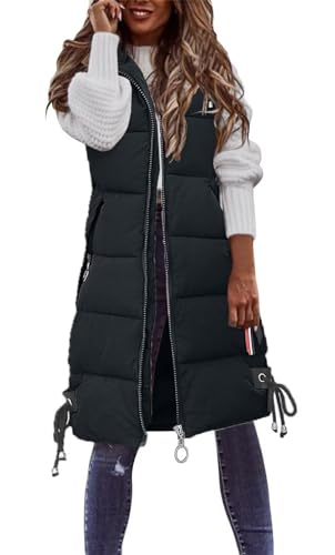 MorFansi Damen Daunenweste Ärmellose Lange Steppweste Winterjacke Mit Kapuze Leicht Outdoor Mantel Daunenmantel (Schwarz,L) von MorFansi