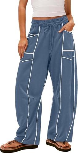 MorFansi Damen Jogginghose Baggy Weitem Bein Y2K Hohe Taille Elastischer Bund Freizeithose Sporthose mit Taschen (Pfauenblau,M) von MorFansi