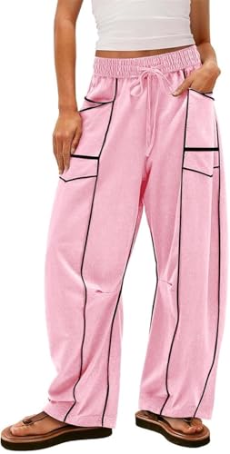 MorFansi Damen Jogginghose Baggy Weitem Bein Y2K Hohe Taille Elastischer Bund Freizeithose Sporthose mit Taschen (Pink,M) von MorFansi