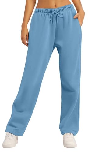 MorFansi Damen Jogginghose Weitem Bein Fleece High Waist Sporthose Lang Freizeithose Trainingshose mit Taschen (Blau,S) von MorFansi