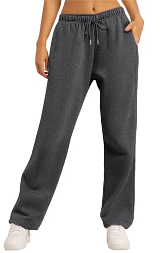 MorFansi Damen Jogginghose Weitem Bein Fleece High Waist Sporthose Lang Freizeithose Trainingshose mit Taschen (Dunkelgrau,L) von MorFansi