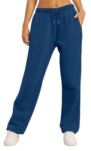 MorFansi Damen Jogginghose Weitem Bein Fleece High Waist Sporthose Lang Freizeithose Trainingshose mit Taschen (Marineblau,M) von MorFansi