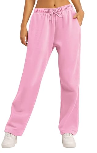 MorFansi Damen Jogginghose Weitem Bein Fleece High Waist Sporthose Lang Freizeithose Trainingshose mit Taschen (Rosa,S) von MorFansi