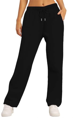 MorFansi Damen Jogginghose Weitem Bein Fleece High Waist Sporthose Lang Freizeithose Trainingshose mit Taschen (Schwarz,L) von MorFansi